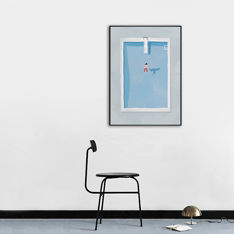 Illustration Little Girl Swimming Art Print Blue Canvas Made Wall Decor, Textured
