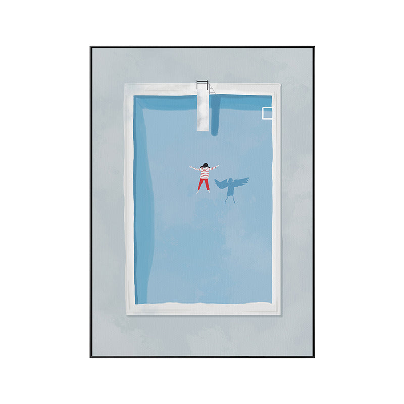 Illustration Little Girl Swimming Art Print Blue Canvas Made Wall Decor, Textured