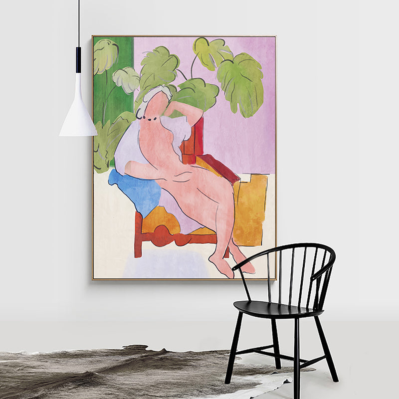 Green Pop Art Canvas Illustrated the Model Lying at Patio Wall Decor for Hallway