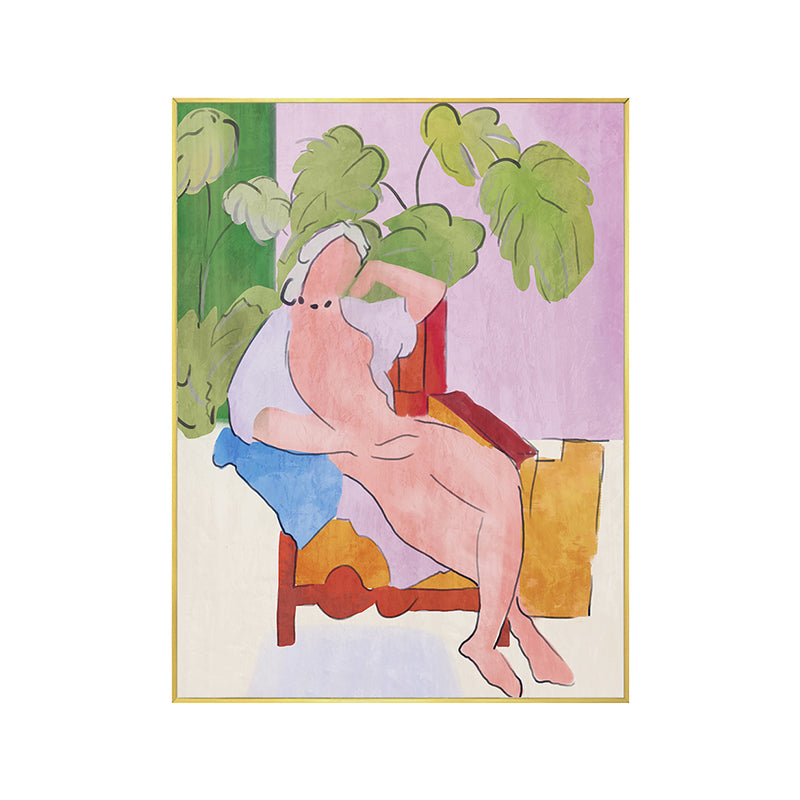 Green Pop Art Canvas Illustrated the Model Lying at Patio Wall Decor for Hallway