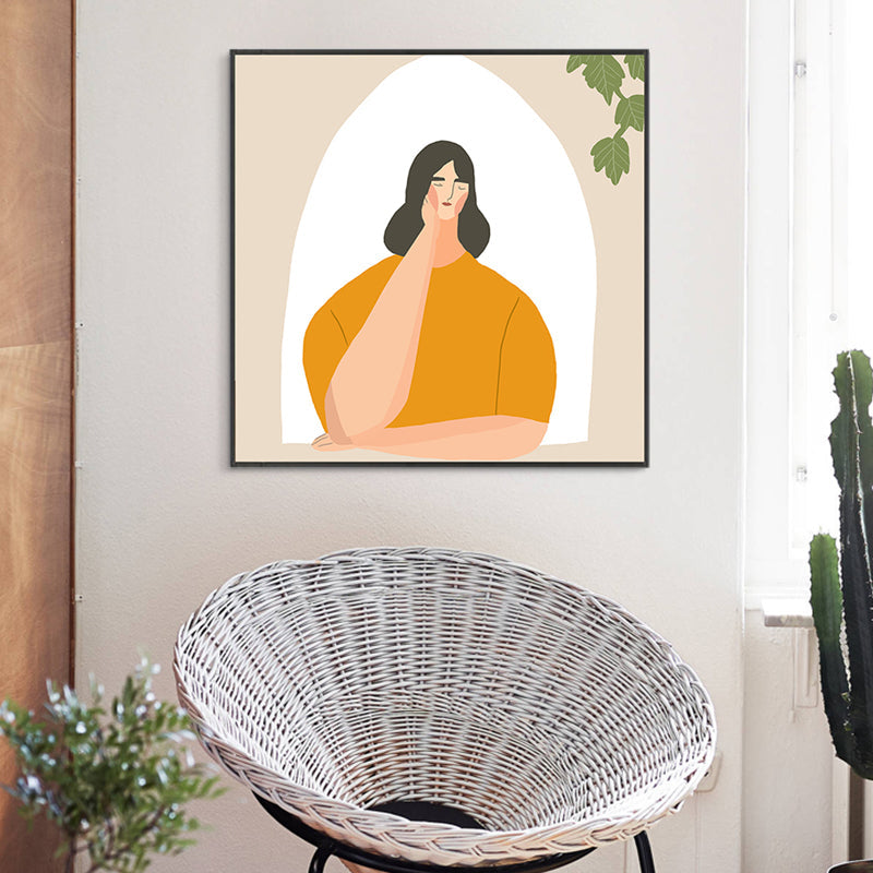 Pastel Illustration Girl Wall Art Figure Nordic Style Textured Canvas Print for Bedroom