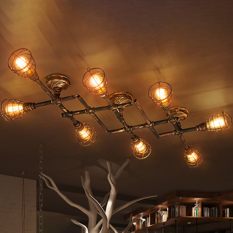 Industrial Intersecting Piping Ceiling Light 4/5/8 Heads Iron Semi Flush Mounted Light with Cage Guard in Brass 8 Brass Clearhalo 'Ceiling Lights' 'Close To Ceiling Lights' 'Close to ceiling' 'Semi-flushmount' Lighting' 1948632