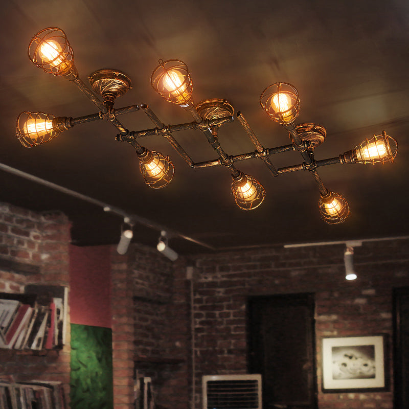 Industrial Intersecting Piping Ceiling Light 4/5/8 Heads Iron Semi Flush Mounted Light with Cage Guard in Brass Clearhalo 'Ceiling Lights' 'Close To Ceiling Lights' 'Close to ceiling' 'Semi-flushmount' Lighting' 1948633