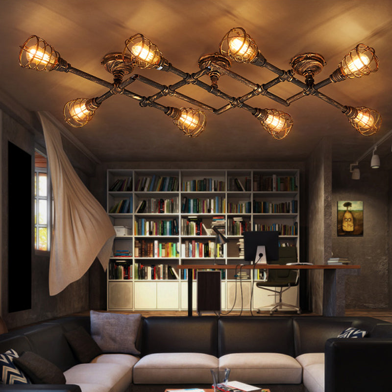 Industrial Intersecting Piping Ceiling Light 4/5/8 Heads Iron Semi Flush Mounted Light with Cage Guard in Brass Clearhalo 'Ceiling Lights' 'Close To Ceiling Lights' 'Close to ceiling' 'Semi-flushmount' Lighting' 1948634