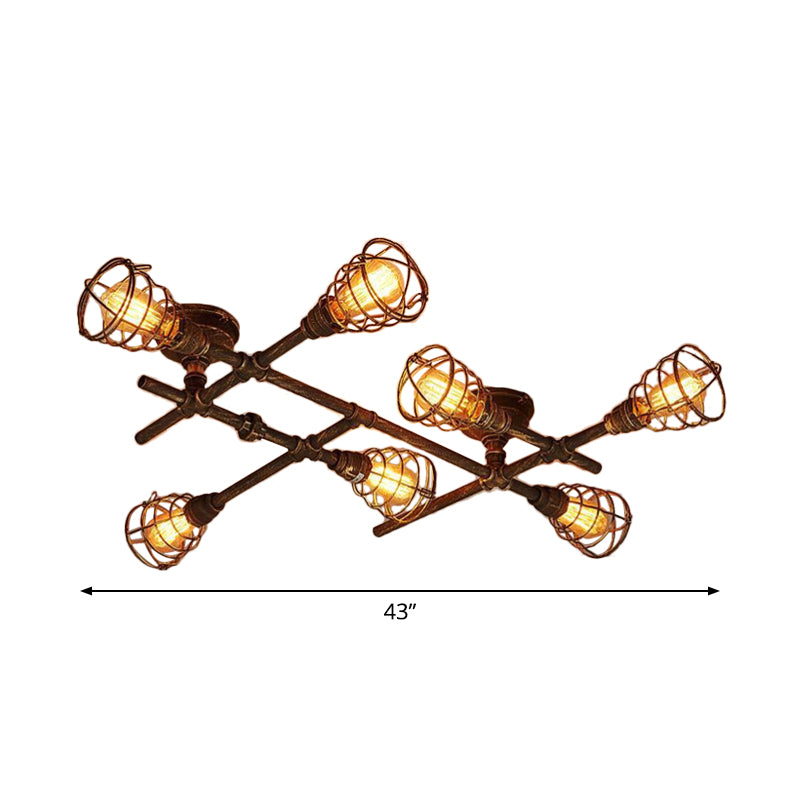 Industrial Intersecting Piping Ceiling Light 4/5/8 Heads Iron Semi Flush Mounted Light with Cage Guard in Brass Clearhalo 'Ceiling Lights' 'Close To Ceiling Lights' 'Close to ceiling' 'Semi-flushmount' Lighting' 1948640