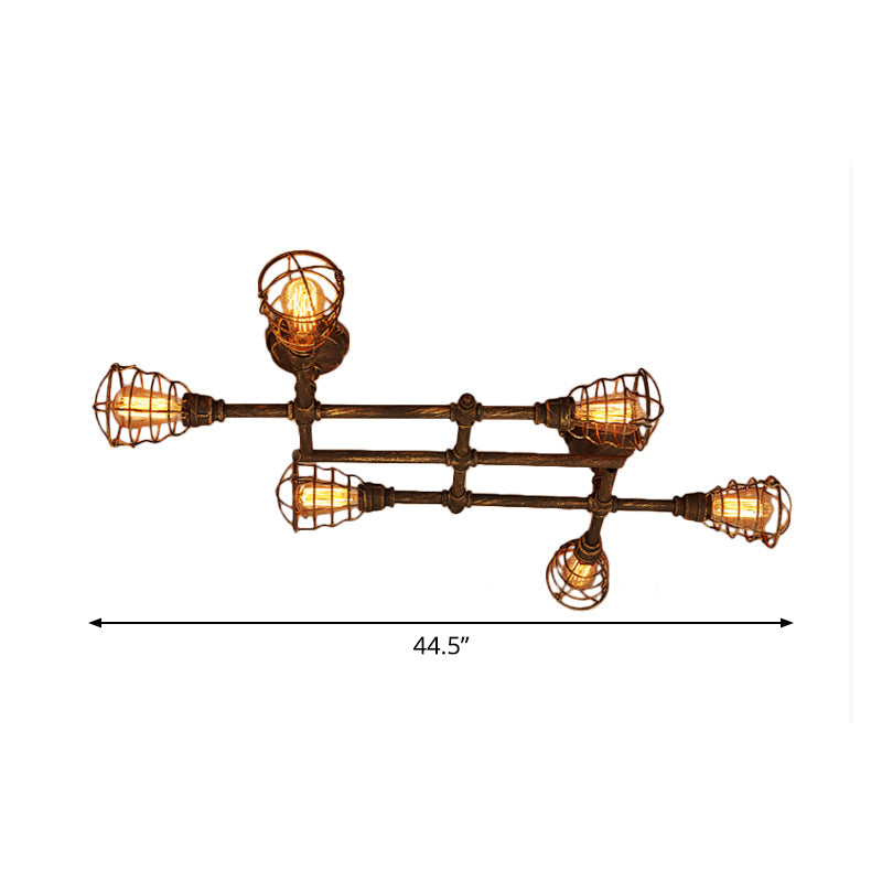 Industrial Intersecting Piping Ceiling Light 4/5/8 Heads Iron Semi Flush Mounted Light with Cage Guard in Brass Clearhalo 'Ceiling Lights' 'Close To Ceiling Lights' 'Close to ceiling' 'Semi-flushmount' Lighting' 1948644