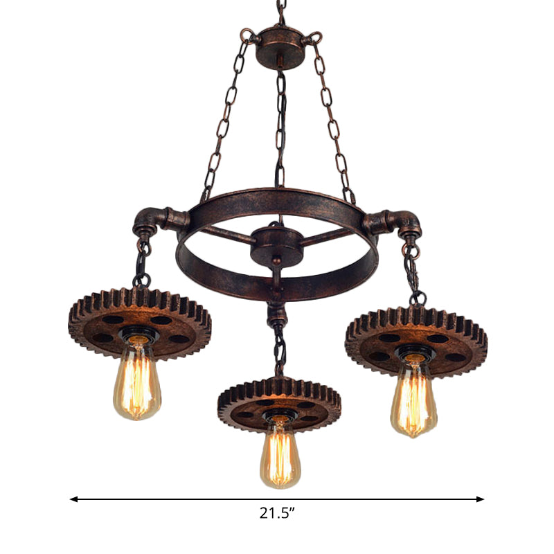 Wood Carved Gear Chandelier Lamp Loft Style 1/3/7-Bulb Bistro Down Lighting Pendant in Antique Bronze Clearhalo 'Cast Iron' 'Ceiling Lights' 'Chandeliers' 'Industrial Chandeliers' 'Industrial' 'Metal' 'Middle Century Chandeliers' 'Rustic Chandeliers' 'Tiffany' Lighting' 1948662
