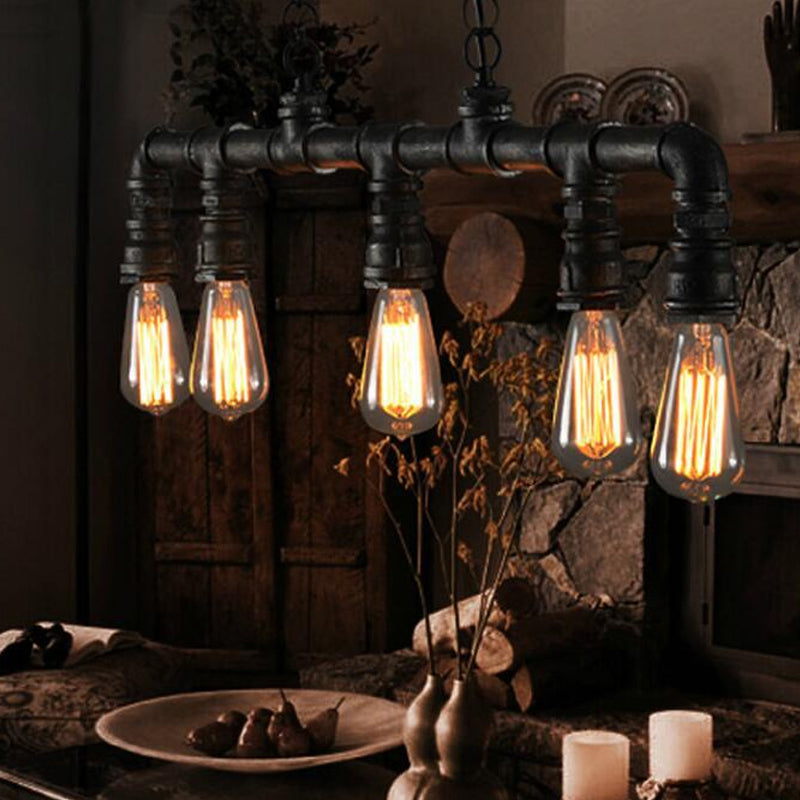 Iron Plumbing Pipe Hanging Lamp Cyberpunk 5-Light Dining Room Island Pendant in Black Black Clearhalo 'Ceiling Lights' 'Island Lights' Lighting' 1948827