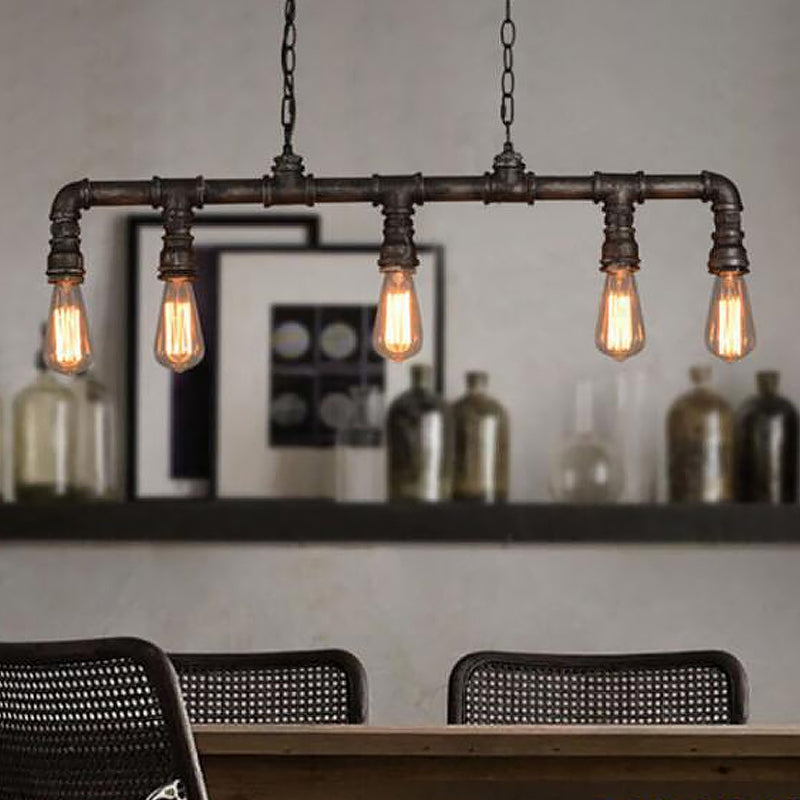 Iron Plumbing Pipe Hanging Lamp Cyberpunk 5-Light Dining Room Island Pendant in Black Clearhalo 'Ceiling Lights' 'Island Lights' Lighting' 1948828