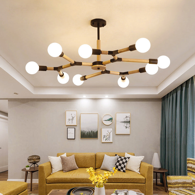 Wooden Molecular Chandelier Modern Style 3/6/9 Lights Black/White Ceiling Hang Lamp with Bare Bulb Design 9 Black Clearhalo 'Carpenter Chandeliers' 'Ceiling Lights' 'Chandeliers' 'Industrial' 'Modern Chandeliers' 'Modern' Lighting' 1948930