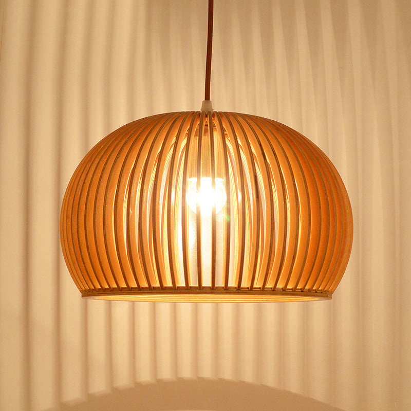 Wood Hemisphere Pendant Lighting Minimalist Single-Bulb Beige Ceiling Hang Lamp, 14"/18" Width Wood Clearhalo 'Ceiling Lights' 'Modern Pendants' 'Modern' 'Pendant Lights' 'Pendants' Lighting' 1949123