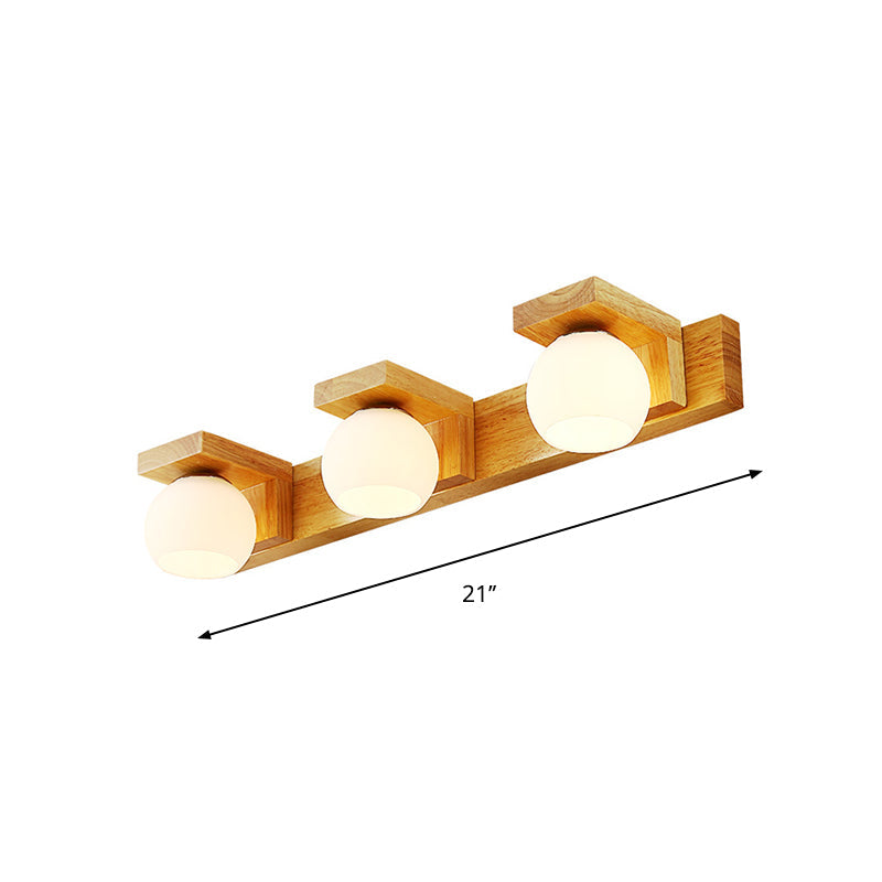Linear Bathroom Vanity Sconce Wood 2/3 Heads Nordic Wall Mount Lamp with Ball Opal Glass Shade Clearhalo 'Modern wall lights' 'Modern' 'Vanity Lights' 'Wall Lights' Lighting' 1949206