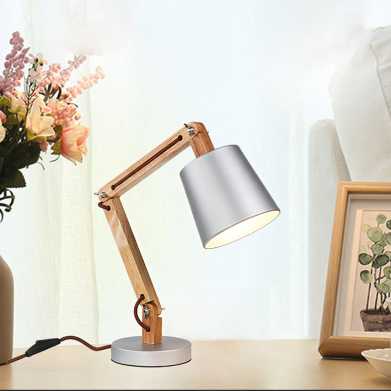 Silver Bucket Shade Desk Light Modern 1-Light Metal Reading Book Lamp with Wood Swing Arm Clearhalo 'Lamps' 'Table Lamps' Lighting' 1949235