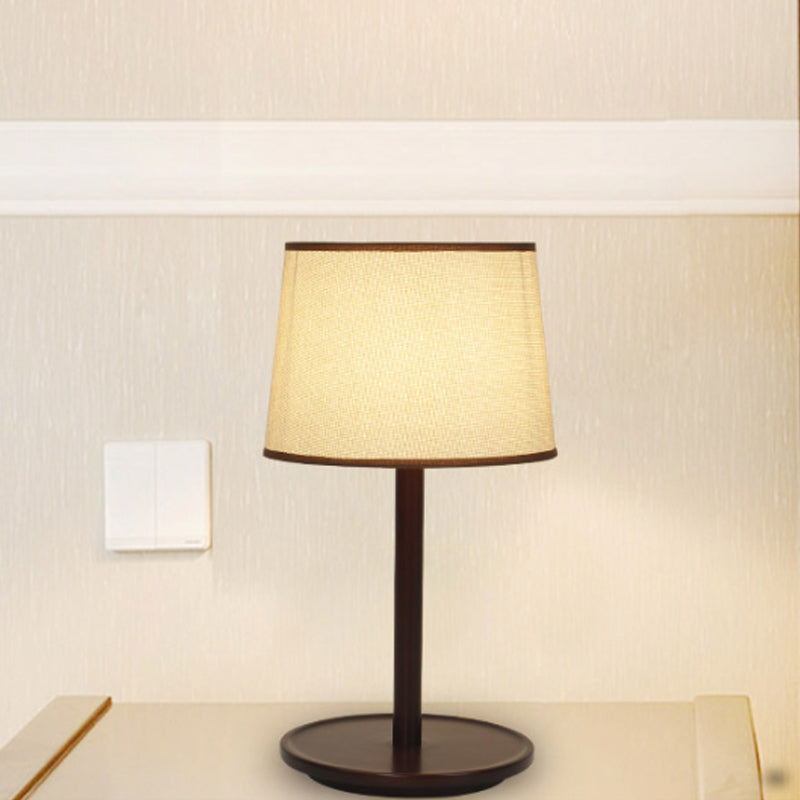 Tapered Shade Table Lamp Nordic Style Fabric 1-Light Beige/Dark Brown Nightstand Light with Wood Base Clearhalo 'Lamps' 'Table Lamps' Lighting' 1949307