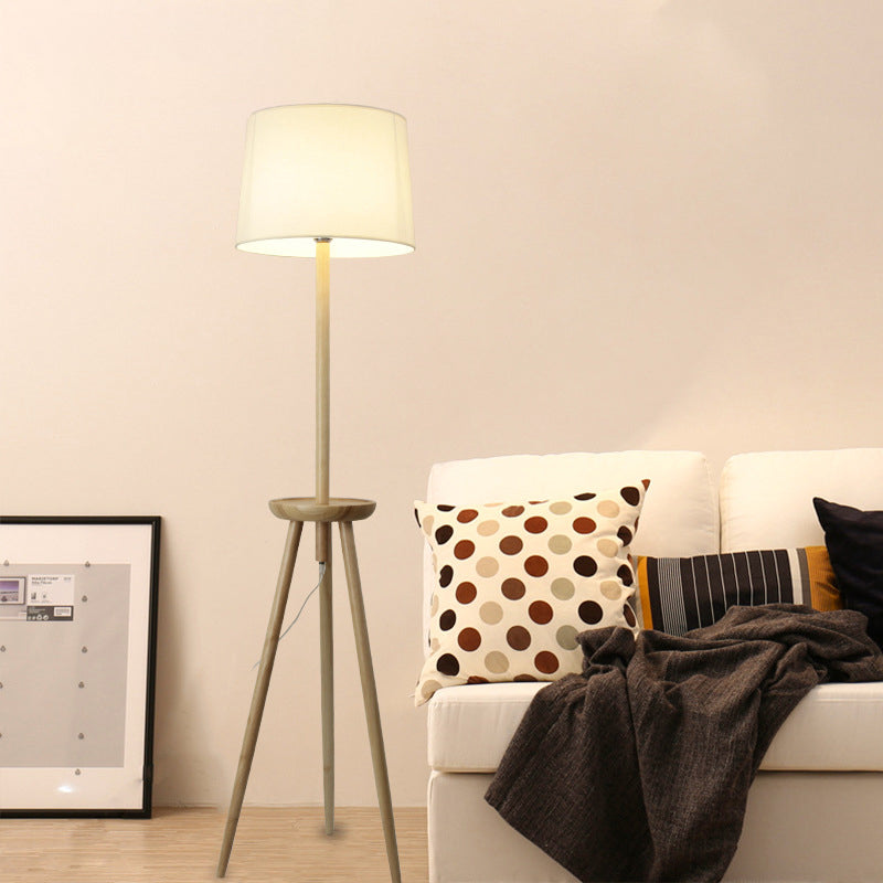 Tri-Legged Reading Floor Light Minimalist Wood 1-Light Beige Standing Floor Lamp with Drum Fabric Shade and Table Clearhalo 'Floor Lamps' 'Lamps' Lighting' 1949470