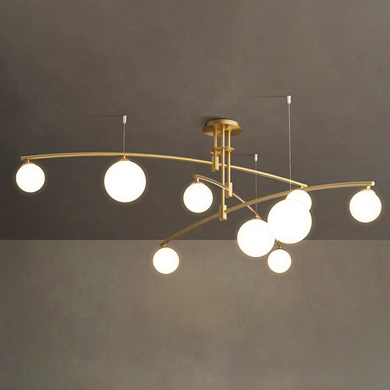 3-Layered Bedroom Chandelier Metallic 6/9-Light Minimalist Hanging Lamp in Black/Gold with Ball White Glass Shade Clearhalo 'Ceiling Lights' 'Chandeliers' 'Modern Chandeliers' 'Modern' Lighting' 1949614