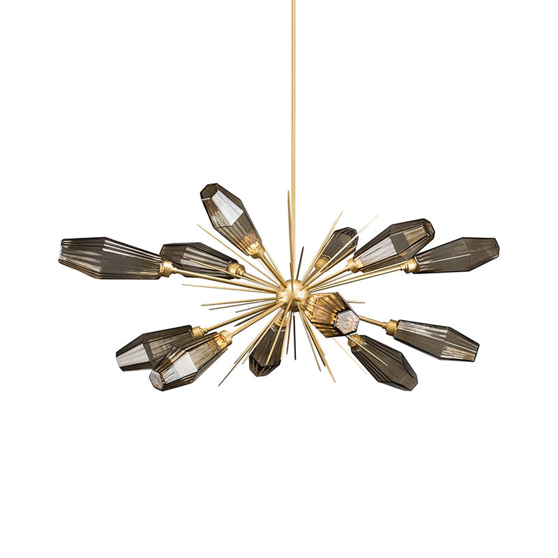 Burst Design Diamond Hanging Ceiling Light Postmodern Smoke Grey Glass 12-Head Living Room Chandelier Lamp in Gold Clearhalo 'Ceiling Lights' 'Chandeliers' 'Modern Chandeliers' 'Modern' Lighting' 1949690