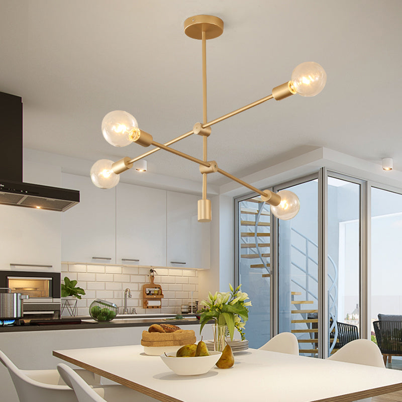 2/3-Tier Mobile Arm Metal Drop Lamp Postmodern 4/5/7 Lights Gold Hanging Chandelier over Table 4 Gold Clearhalo 'Ceiling Lights' 'Chandeliers' 'Modern Chandeliers' 'Modern' Lighting' 1949762