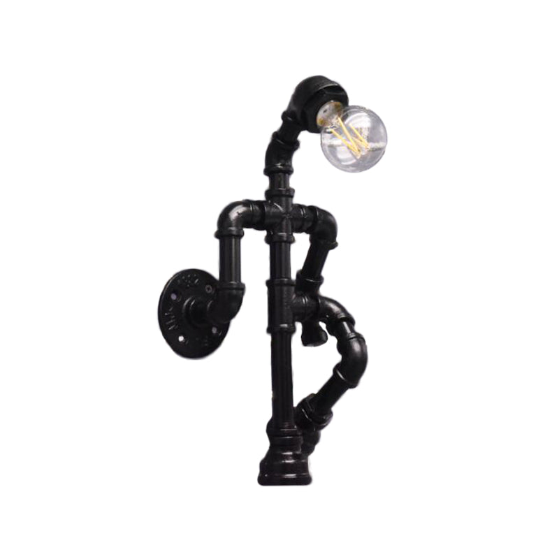 Steampunk Pipe Robot Wall Lamp Single-Bulb Wrought Iron Wall Mounted Light Fixture in Black/Bronze/Copper Clearhalo 'Art deco wall lights' 'Cast Iron' 'Glass' 'Industrial wall lights' 'Industrial' 'Middle century wall lights' 'Modern' 'Rustic wall lights' 'Tiffany' 'Traditional wall lights' 'Wall Lamps & Sconces' 'Wall Lights' Lighting' 1949942