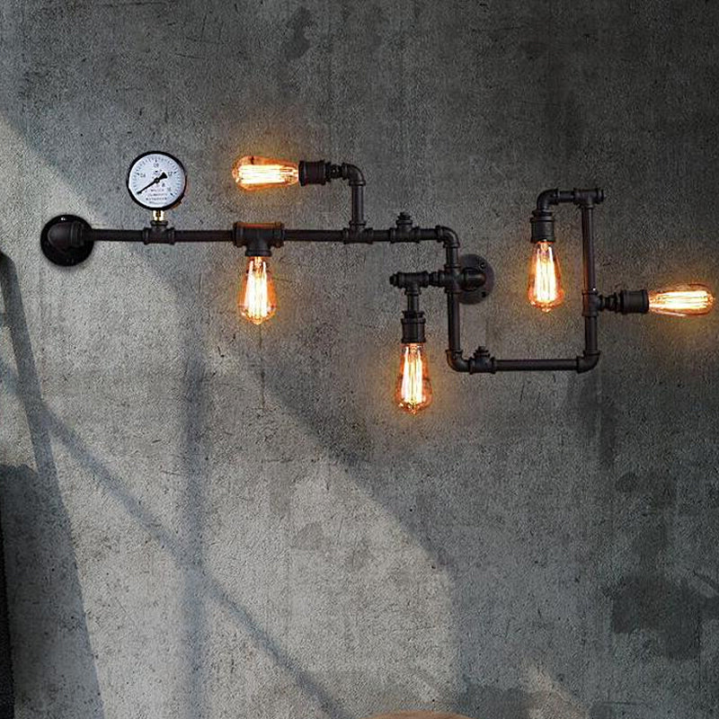 5 Bulbs Pipe System Wall Mount Lamp Industrial Antiqued Black/Brass/Rust Wall Light Kit with Decorative Gauge Clearhalo 'Art deco wall lights' 'Cast Iron' 'Glass' 'Industrial wall lights' 'Industrial' 'Middle century wall lights' 'Modern' 'Rustic wall lights' 'Tiffany' 'Traditional wall lights' 'Wall Lamps & Sconces' 'Wall Lights' Lighting' 1949954
