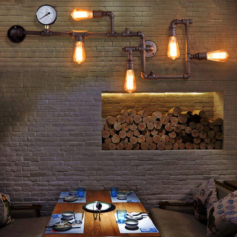 Rust/Bronze 5-Head Wall Lighting Ideas Industrial Wrought Iron Pipe System Wall Mounted Lamp with Pressure Gauge Rust Clearhalo 'Art deco wall lights' 'Cast Iron' 'Glass' 'Industrial wall lights' 'Industrial' 'Middle century wall lights' 'Modern' 'Rustic wall lights' 'Tiffany' 'Traditional wall lights' 'Wall Lamps & Sconces' 'Wall Lights' Lighting' 1949961