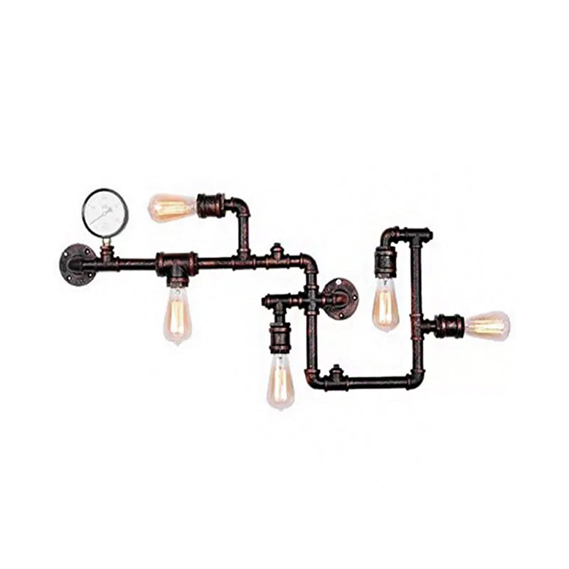 Rust/Bronze 5-Head Wall Lighting Ideas Industrial Wrought Iron Pipe System Wall Mounted Lamp with Pressure Gauge Clearhalo 'Art deco wall lights' 'Cast Iron' 'Glass' 'Industrial wall lights' 'Industrial' 'Middle century wall lights' 'Modern' 'Rustic wall lights' 'Tiffany' 'Traditional wall lights' 'Wall Lamps & Sconces' 'Wall Lights' Lighting' 1949963