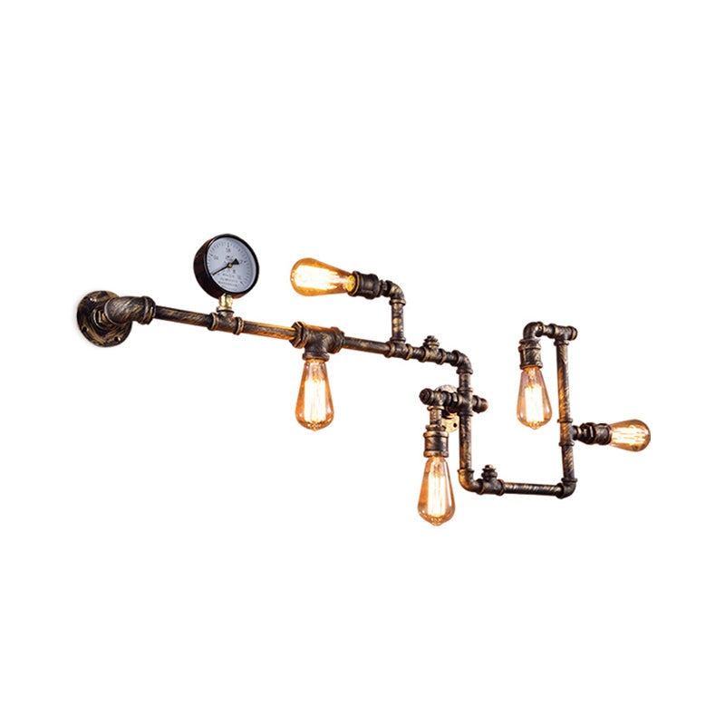 Rust/Bronze 5-Head Wall Lighting Ideas Industrial Wrought Iron Pipe System Wall Mounted Lamp with Pressure Gauge Clearhalo 'Art deco wall lights' 'Cast Iron' 'Glass' 'Industrial wall lights' 'Industrial' 'Middle century wall lights' 'Modern' 'Rustic wall lights' 'Tiffany' 'Traditional wall lights' 'Wall Lamps & Sconces' 'Wall Lights' Lighting' 1949968