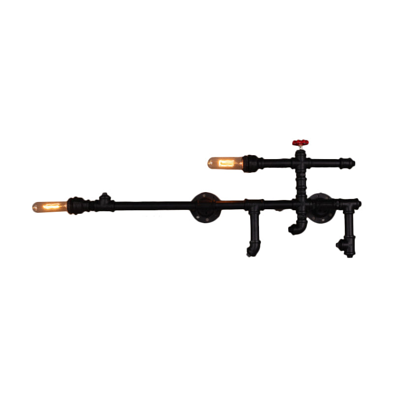 Iron Gun-Shaped Pipe Wall Sconce Steampunk 2-Head Bedroom Wall Mounted Light Fixture in Rust/Black Black Clearhalo 'Art deco wall lights' 'Cast Iron' 'Glass' 'Industrial wall lights' 'Industrial' 'Middle century wall lights' 'Modern' 'Rustic wall lights' 'Tiffany' 'Traditional wall lights' 'Wall Lamps & Sconces' 'Wall Lights' Lighting' 1949997