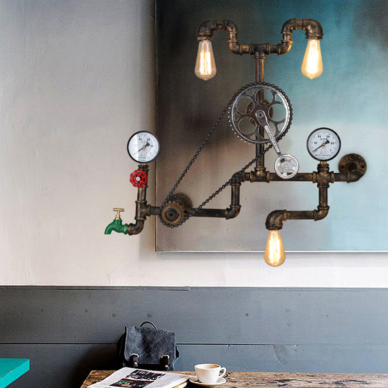 Bronze Faucet Pipe Chainset Sconce Cyberpunk Iron 3 Lights Garage Wall Mount Lighting Fixture Clearhalo 'Art deco wall lights' 'Cast Iron' 'Glass' 'Industrial wall lights' 'Industrial' 'Middle century wall lights' 'Modern' 'Rustic wall lights' 'Tiffany' 'Traditional wall lights' 'Wall Lamps & Sconces' 'Wall Lights' Lighting' 1950006