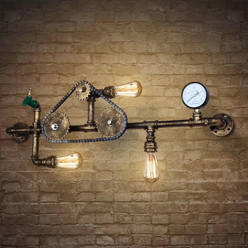 Wrought Iron Gear Water Pipe Wall Light Industrial Style 3-Bulb Living Room Wall Sconce in Copper/Bronze Bronze Clearhalo 'Art deco wall lights' 'Cast Iron' 'Glass' 'Industrial wall lights' 'Industrial' 'Middle century wall lights' 'Modern' 'Rustic wall lights' 'Tiffany' 'Traditional wall lights' 'Wall Lamps & Sconces' 'Wall Lights' Lighting' 1950009