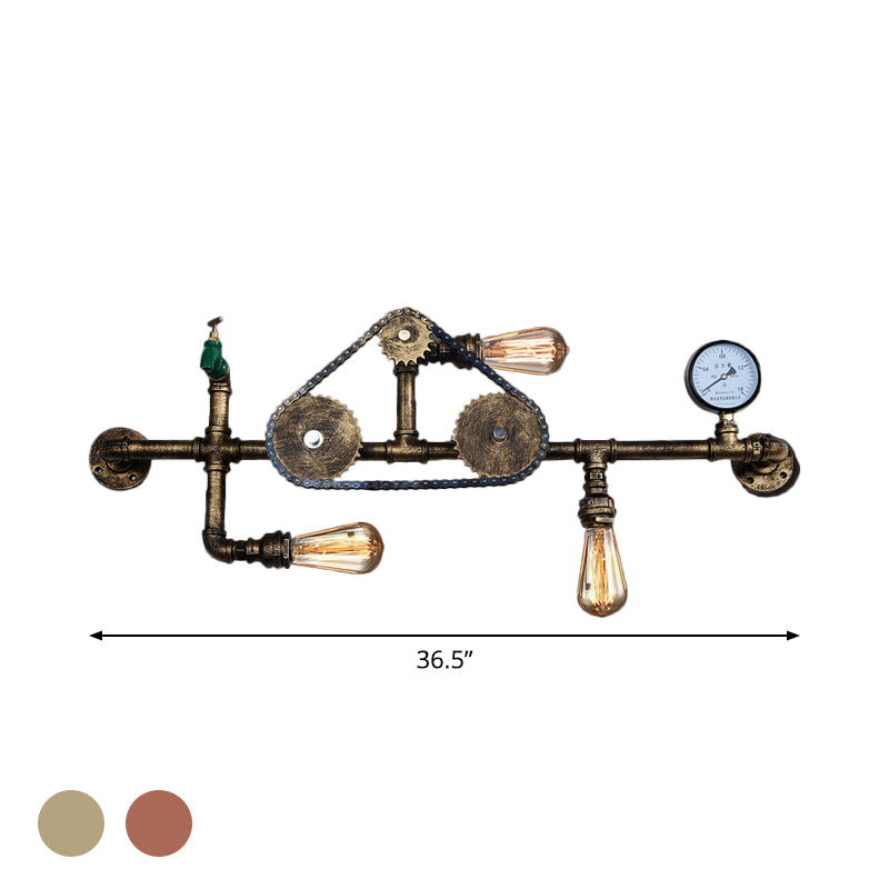 Wrought Iron Gear Water Pipe Wall Light Industrial Style 3-Bulb Living Room Wall Sconce in Copper/Bronze Clearhalo 'Art deco wall lights' 'Cast Iron' 'Glass' 'Industrial wall lights' 'Industrial' 'Middle century wall lights' 'Modern' 'Rustic wall lights' 'Tiffany' 'Traditional wall lights' 'Wall Lamps & Sconces' 'Wall Lights' Lighting' 1950013