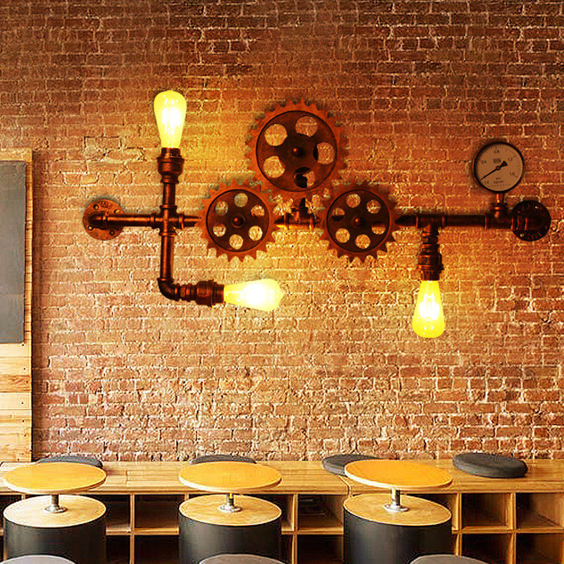 Wrought Iron Gear Water Pipe Wall Light Industrial Style 3-Bulb Living Room Wall Sconce in Copper/Bronze Copper Clearhalo 'Art deco wall lights' 'Cast Iron' 'Glass' 'Industrial wall lights' 'Industrial' 'Middle century wall lights' 'Modern' 'Rustic wall lights' 'Tiffany' 'Traditional wall lights' 'Wall Lamps & Sconces' 'Wall Lights' Lighting' 1950014