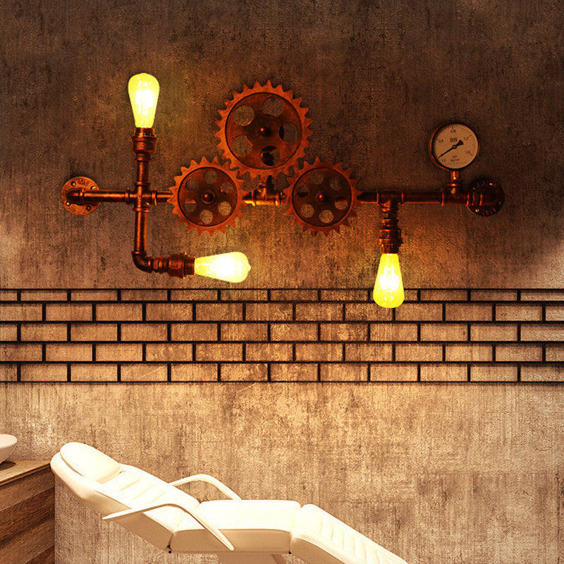 Wrought Iron Gear Water Pipe Wall Light Industrial Style 3-Bulb Living Room Wall Sconce in Copper/Bronze Clearhalo 'Art deco wall lights' 'Cast Iron' 'Glass' 'Industrial wall lights' 'Industrial' 'Middle century wall lights' 'Modern' 'Rustic wall lights' 'Tiffany' 'Traditional wall lights' 'Wall Lamps & Sconces' 'Wall Lights' Lighting' 1950015