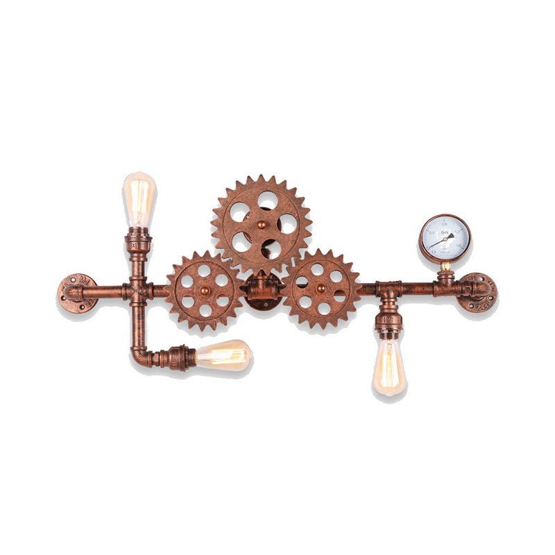 Wrought Iron Gear Water Pipe Wall Light Industrial Style 3-Bulb Living Room Wall Sconce in Copper/Bronze Clearhalo 'Art deco wall lights' 'Cast Iron' 'Glass' 'Industrial wall lights' 'Industrial' 'Middle century wall lights' 'Modern' 'Rustic wall lights' 'Tiffany' 'Traditional wall lights' 'Wall Lamps & Sconces' 'Wall Lights' Lighting' 1950016