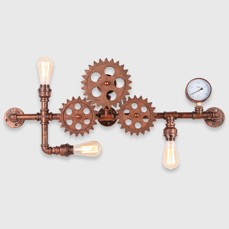 Wrought Iron Gear Water Pipe Wall Light Industrial Style 3-Bulb Living Room Wall Sconce in Copper/Bronze Clearhalo 'Art deco wall lights' 'Cast Iron' 'Glass' 'Industrial wall lights' 'Industrial' 'Middle century wall lights' 'Modern' 'Rustic wall lights' 'Tiffany' 'Traditional wall lights' 'Wall Lamps & Sconces' 'Wall Lights' Lighting' 1950017