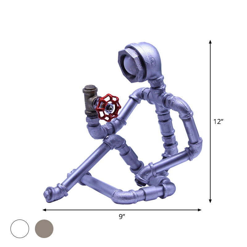 1 Bulb Nightstand Light Industrial Iron Pipe Man Table Lamp in Silver/Bronze with Red Valve Rotating Switch Clearhalo 'Lamps' 'Table Lamps' Lighting' 1950115