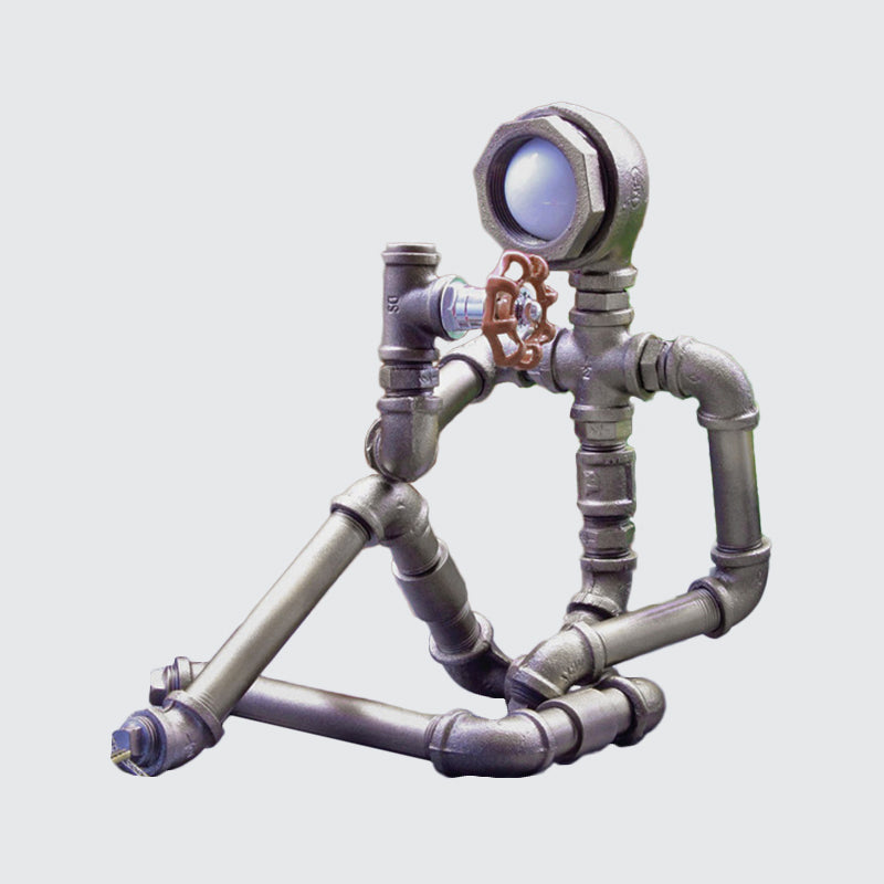 1 Bulb Nightstand Light Industrial Iron Pipe Man Table Lamp in Silver/Bronze with Red Valve Rotating Switch Clearhalo 'Lamps' 'Table Lamps' Lighting' 1950119