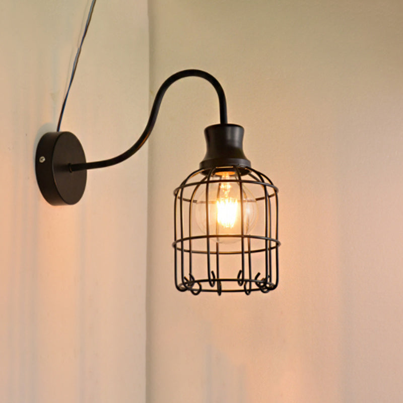 Metal Bird Cage Wall Mount Lighting with Gooseneck Arm Vintage 1 Head Wall Light Sconce in Black Clearhalo 'Art deco wall lights' 'Cast Iron' 'Glass' 'Industrial wall lights' 'Industrial' 'Middle century wall lights' 'Modern' 'Rustic wall lights' 'Tiffany' 'Traditional wall lights' 'Wall Lamps & Sconces' 'Wall Lights' Lighting' 1950177