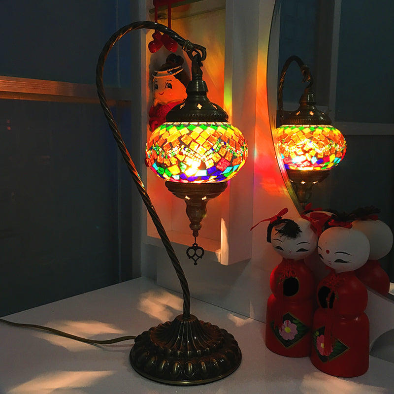 Curved Arm Bedroom Table Light Retro Stained Art Glass Single Bulb White/Yellow/Orange Nightstand Lamp Purplish Blue Clearhalo 'Lamps' 'Table Lamps' Lighting' 1950422