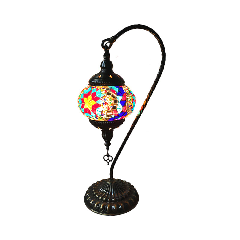 Curved Arm Bedroom Table Light Retro Stained Art Glass Single Bulb White/Yellow/Orange Nightstand Lamp Red-Blue Clearhalo 'Lamps' 'Table Lamps' Lighting' 1950431