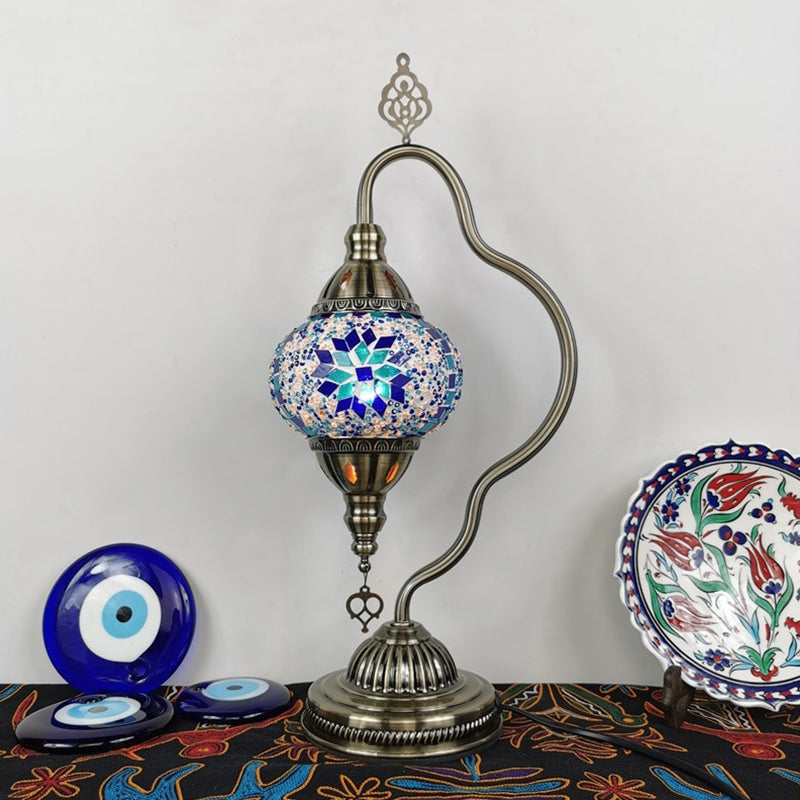 Curvy Arm Stained Glass Night Lamp Art Deco 1 Bulb Bedroom Nightstand Lighting in Red/Yellow/Orange Sky Blue-White Clearhalo 'Lamps' 'Table Lamps' Lighting' 1950448