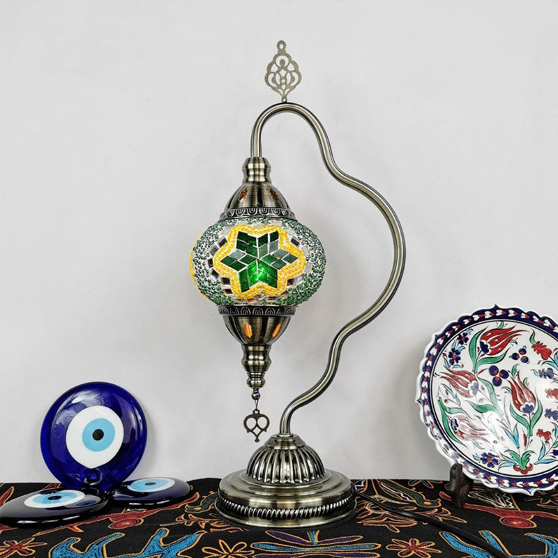 Curvy Arm Stained Glass Night Lamp Art Deco 1 Bulb Bedroom Nightstand Lighting in Red/Yellow/Orange Green Clearhalo 'Lamps' 'Table Lamps' Lighting' 1950456