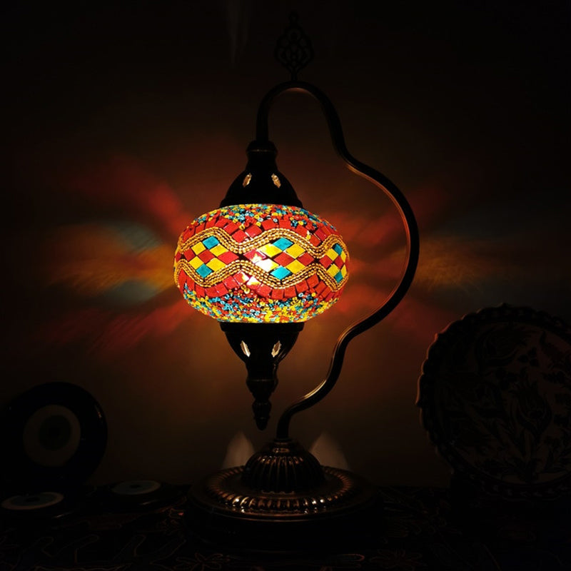 Stained Art Glass Globe Table Lamp Art Deco 1 Head Restaurant Night Light with Curvy Arm in White/Red/Yellow Red Clearhalo 'Lamps' 'Table Lamps' Lighting' 1950498