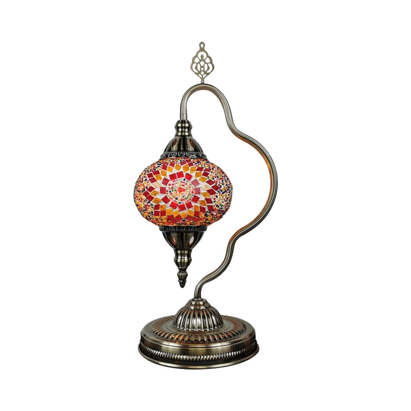Stained Art Glass Globe Table Lamp Art Deco 1 Head Restaurant Night Light with Curvy Arm in White/Red/Yellow Clearhalo 'Lamps' 'Table Lamps' Lighting' 1950502