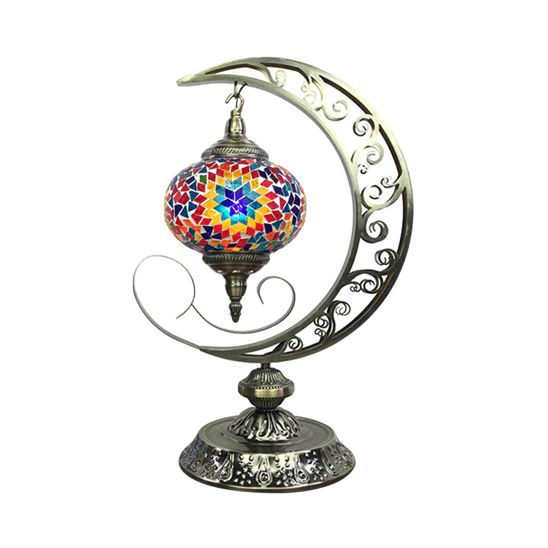 Global Bedroom Nightstand Lamp Decorative Stained Glass 1 Light White/Red/Pink Desk Light with Moon Design Red-Yellow Clearhalo 'Lamps' 'Table Lamps' Lighting' 1950531
