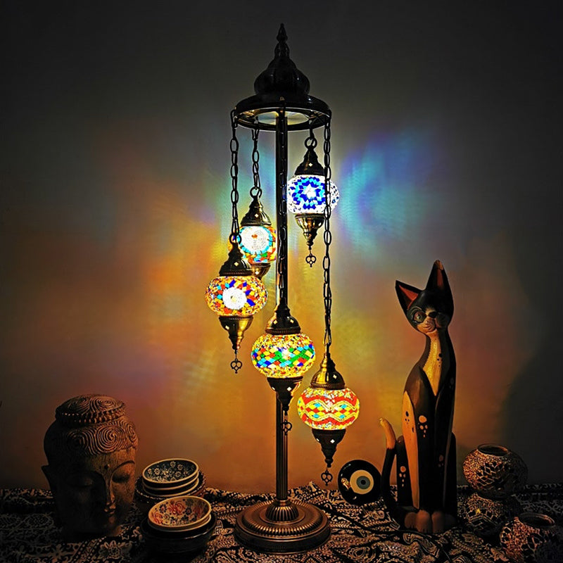 5 Heads Stained Art Glass Floor Light Traditional Beige/Red/Yellow Elliptical Bedroom Standing Lamp Green-Blue Clearhalo 'Floor Lamps' 'Lamps' Lighting' 1950536