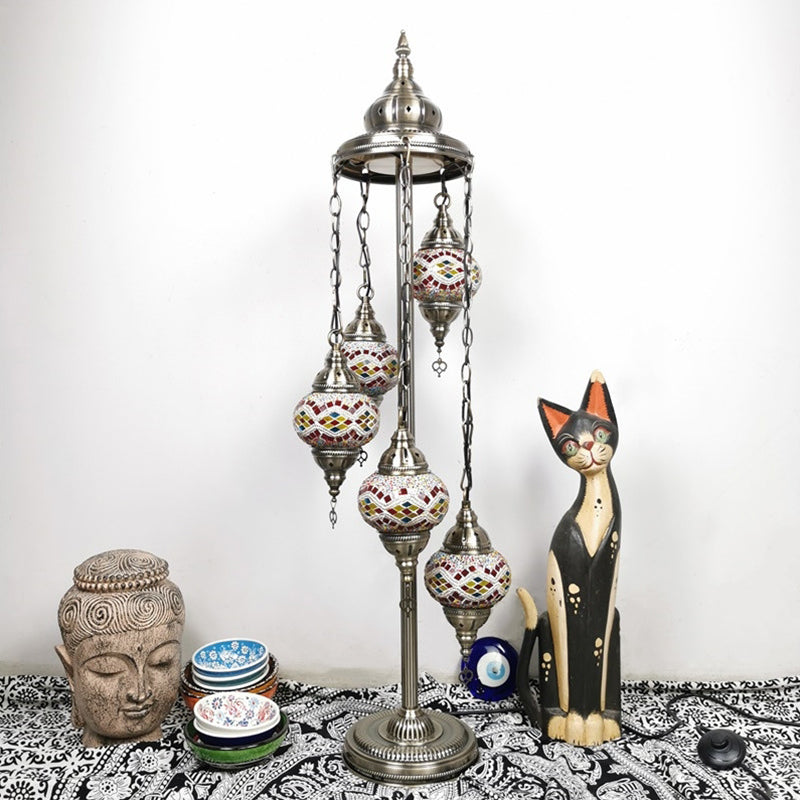 5 Heads Stained Art Glass Floor Light Traditional Beige/Red/Yellow Elliptical Bedroom Standing Lamp Clearhalo 'Floor Lamps' 'Lamps' Lighting' 1950547
