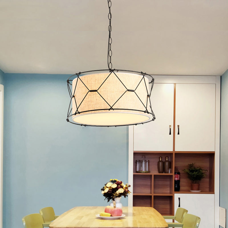 Metal Crossed Drum Cage Pendant Farmhouse 10"/16.5" W 1 Light Dining Room Hanging Light Fixture in Beige with Fabric Shade Beige 16.5" Clearhalo 'Art Deco Pendants' 'Cast Iron' 'Ceiling Lights' 'Ceramic' 'Crystal' 'Industrial Pendants' 'Industrial' 'Metal' 'Middle Century Pendants' 'Pendant Lights' 'Pendants' 'Tiffany' Lighting' 1950662
