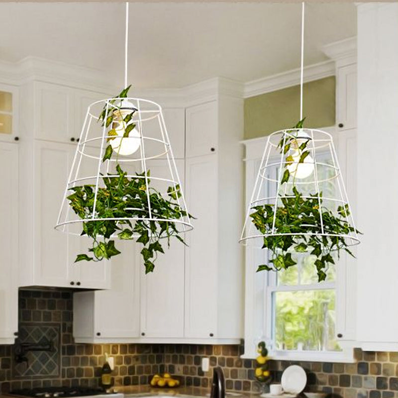 Loft Barrel Cage Suspension Pendant 1 Bulb Iron Hanging Ceiling Light in White with Green Leaf Deco Clearhalo 'Art Deco Pendants' 'Cast Iron' 'Ceiling Lights' 'Ceramic' 'Crystal' 'Industrial Pendants' 'Industrial' 'Metal' 'Middle Century Pendants' 'Pendant Lights' 'Pendants' 'Tiffany' Lighting' 1950674