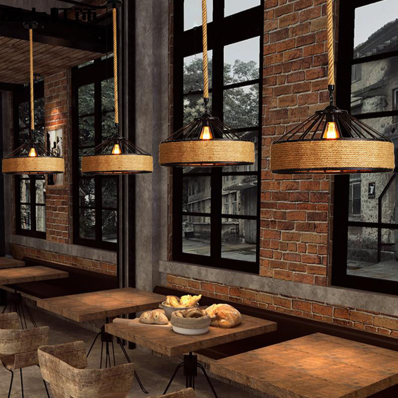 Black 1 Light Pendant Lighting Farmhouse Rope Cone Cage Iron Hanging Lamp Kit for Dining Room, 12"/16"/19.5" W Clearhalo 'Ceiling Lights' 'Industrial Pendants' 'Industrial' 'Middle Century Pendants' 'Pendant Lights' 'Pendants' 'Tiffany' Lighting' 1950701